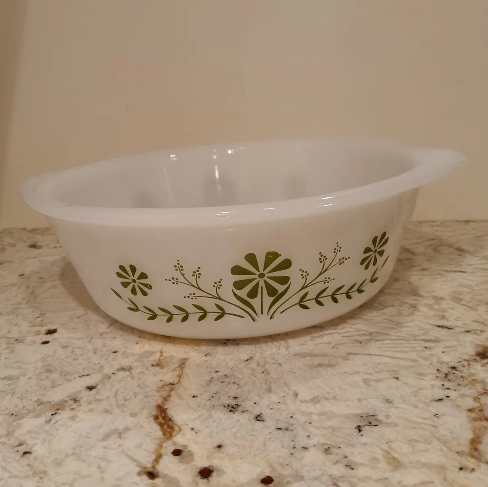 Vintage Glasbake 2 Quart Baking Dish White Green Floral